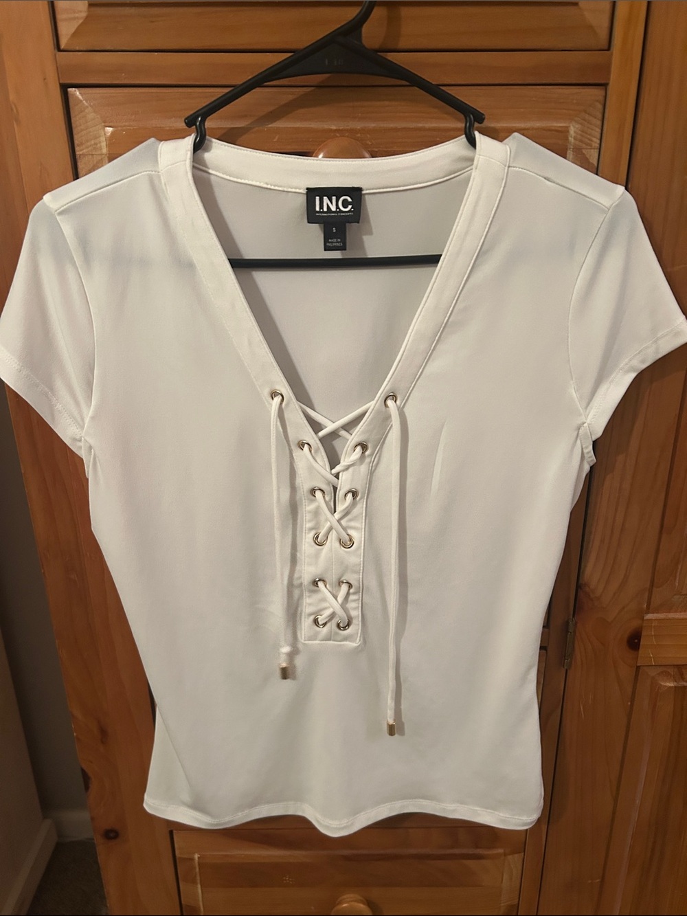 INC International Concepts White Lace-Up V-Neck Short Sleeve Top